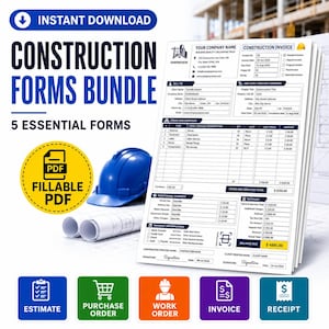 Formularpaket für Bauunternehmer: Rechnung, Kostenvoranschlag, Bestellung, Arbeitsauftrag und Quittung – ausfüllbare PDFs