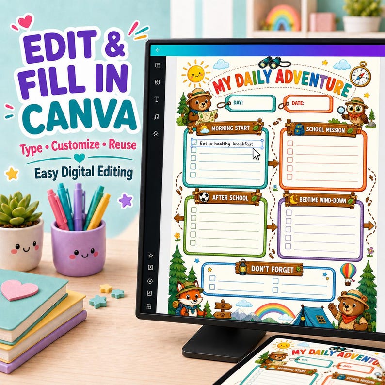 Kids Daily Routine Chart, Editable Canva Chore Template, Back to School ...