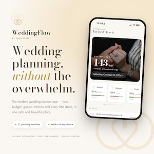Pode incluir: Um smartphone exibindo a interface do aplicativo WeddingFlow com uma contagem regressiva de 143 dias e barras de progresso para convidados, orçamento e tarefas. A tela mostra o texto WeddingFlow, Wedding planning, without the overwhelm.