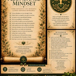 May include: A digital print set featuring a Scroll of Abundance Mindset with affirmations, a Sacred Sigil of Abundance Mindset page with a tree illustration, and an Activation and Reflection Guide, all decorated with floral borders and green accents.