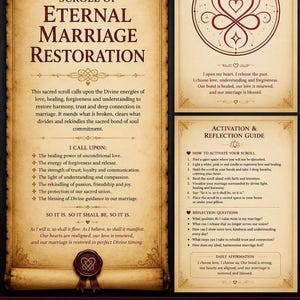 May include: A digital document set featuring a Scroll of Eternal Marriage Restoration with parchment-style background, a Sacred Sigil of Marriage Restoration page, and an Activation and Reflection Guide, all containing text and decorative heart motifs.