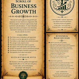 May include: A parchment-style scroll titled Scroll of Business Growth featuring a green wax seal, a Sacred Sigil of Business Growth page with a tree graphic, and an Activation and Reflection Guide, all printed with black text on a tan background.