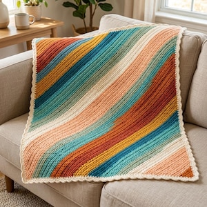 Crochet Blanket Pattern PDF for Beginners, Sunset Ridge Diagonal Stripe Throw, Easy C2C Afghan