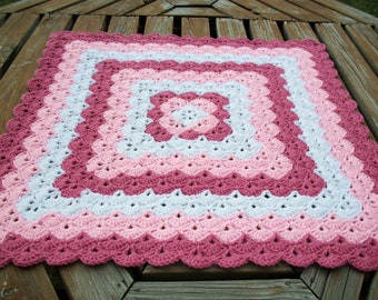 Baby Girl /Child Blanket/Afghan Hand Crocheted White, Baby Pink And Light Raspberry Acrylic Yarns  34 Inches Square READY TO SHIP!