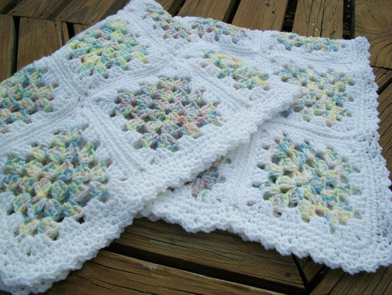 Baby GirlChild BlanketAfghan Hand Crocheted Pastel Pink Yarn White Yarn 34 Inches Square Granny Square READY TO SHIP