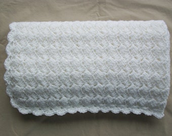 Baby/Child  Blanket/Afghan  Unisex  Hand Crocheted  White Yarn  Chic Classic Design  36 Inches Square  READY TO SHIP