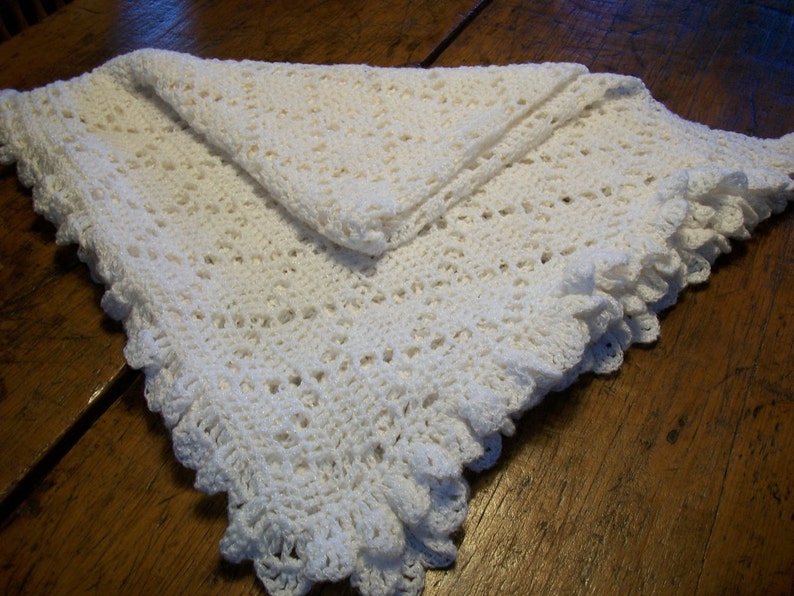 Baby/Child Blanket/Afghan Unisex Hand Crocheted Antique White Shimmer Yarn Diamond Design Oversize 42 Inches Square READY TO SHIP image 2