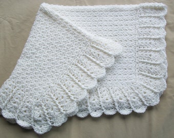 Baby Blanket  Child Afghan   Unisex  Hand Crocheted  Beautiful Shell Border  White Yarn  38" Square  READY TO SHIP
