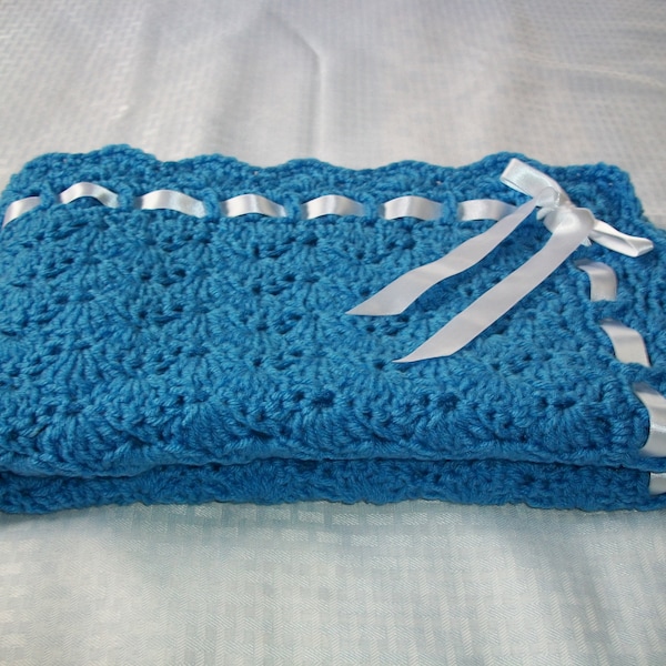 Baby Boy Blanket/Afghan Hand Crocheted Delft Blue Yarn With White Ribbon Border Shell Design 34" Square READY TO SHIP