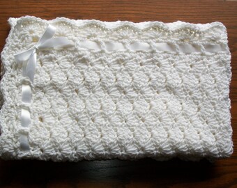 Baby Blanket/Afghan   Hand Crocheted   Unisex   White Yarn With White Ribbon Border  34 Inches Square   READY TO SHIP