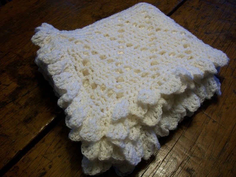 Baby/Child Blanket/Afghan Unisex Hand Crocheted Antique White Shimmer Yarn Diamond Design Oversize 42 Inches Square READY TO SHIP image 4