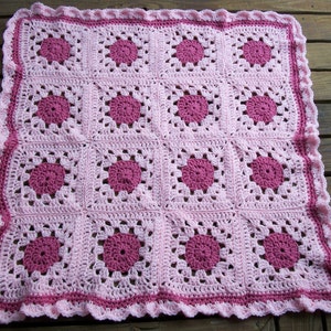 Baby GirlChild BlanketAfghan Hand Crocheted Pastel Pink Yarn White Yarn 34 Inches Square Granny Square READY TO SHIP