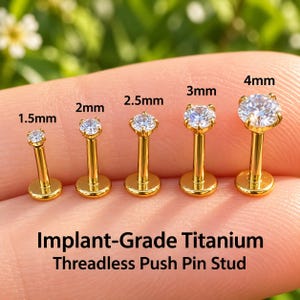 Può includere: Cinque borchie a pressione senza filettatura in titanio di grado implantare color oro con pietre rotonde trasparenti. Le misure 1,5mm, 2mm, 2,5mm, 3mm e 4mm sono indicate. Il testo Implant-Grade Titanium Threadless Push Pin Stud è in basso.