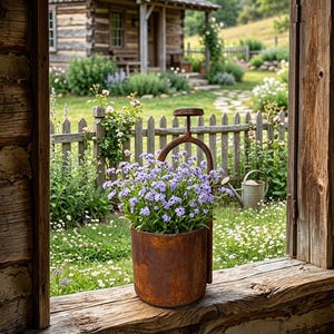 May include: A cylindrical, rusted metal planter containing a cluster of small, light purple flowers. The planter features an attached, arched metal handle that extends upward, terminating in a flat, circular top piece, creating a unique silhouette.