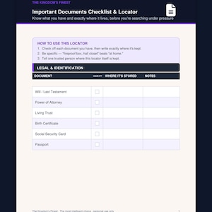 May include: A printed document titled Important Documents Checklist & Locator by The Kingdom's Finest. It features a table for Legal & Identification with columns for Document, Have It, Where It's Stored, and Notes, listing items like Will and Passport.
