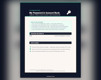 Passwortbuch in Großdruck, ausfüllbarer Konto-Tracker (PDF-Download)