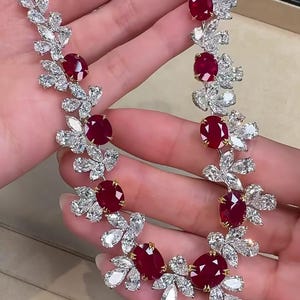 Conjunto de collar de rubíes color sangre de paloma birmana, pendientes colgantes de rubíes con diamantes estilo art déco, joyería hecha a mano para mujer.