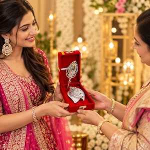 May include: A red velvet jewelry box containing a silver peacock feather-shaped hair accessory and a matching silver headpiece, both adorned with small red and clear stones, presented in a rectangular case with a gold-toned metal latch.
