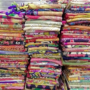 Vintage Sari Kantha-quilt - grote katoenen bedovertrek - unieke handgemaakte plaid