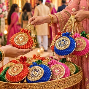 May include: A collection of round drawstring pouches in vibrant red, blue, pink, and green satin fabrics. Each pouch features a central circular gold medallion with intricate embroidery and mirror work, finished with gold beaded drawstring cords.