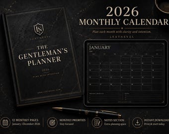 Calendario mensual imprimible 2026 / Planificador de lujo oscuro en PDF