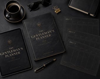 2026 Gentleman's Weekly Planner, Black Gold Marble Design (Digital Download)