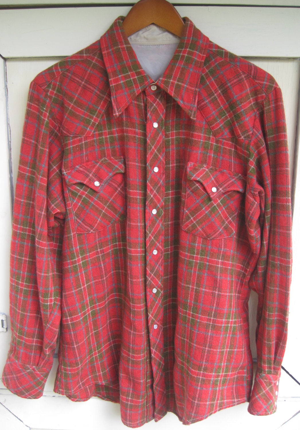 Vintage cowboy western plaid shirt Red White and Green | Etsy