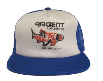 Vintage Argent Laboratories Mesh Trucker Hat - snapback snap back style - Blue and White - Lab - Fish - Mad Scientist