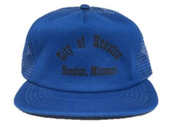 Vintage City of Houston - Houston, Missouri Trucker Hat - snapback snap back style - Black and Blue - Made in USA