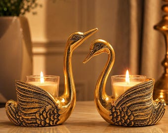 Swan Candle Holder Pair | Antique Gold Aluminum Set | Vintage Home Decor | Gift Box