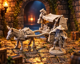 Set Caravane Médiévale Miniature JDR - Chariot, Âne et Marchand en Résine - Figurine D&D Pathfinder Warhammer 28mm 32mm