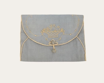 FRENCH Antique 1920s/30s Linen Fruit Basket Keepsake Pouch • 8" x 6"
