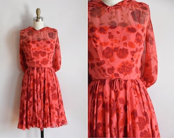 1960s Feminine Step dress/ vintage 60s chiffon cocktail dress/ Desinger Montaldo's floral party dress