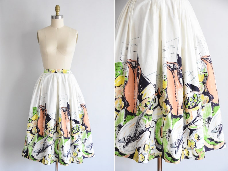 1950s Daily Catch skirt/ vintage 50s novelty skirt/ novelty cotton skirt image 1