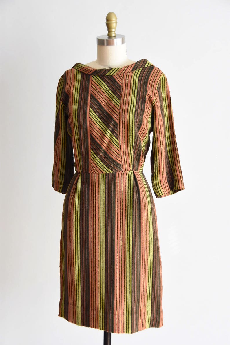 1950s Citrus Garden dress/ vintage 50s wool dress / wool stripe daydress image 3