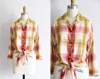 1950s Mad About Plaid top / vintage 50s plaid shirt / silk front tie shirt