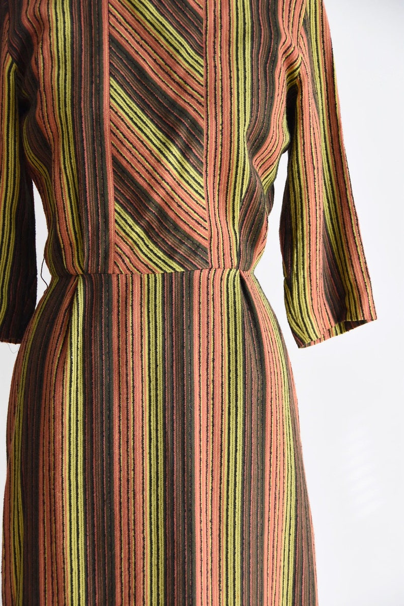 1950s Citrus Garden dress/ vintage 50s wool dress / wool stripe daydress image 5