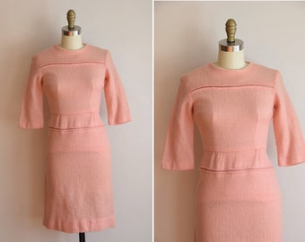 50s Kiss Powder dress/ vintage 1950s wool wiggle dress / bombshell pink fitted dress