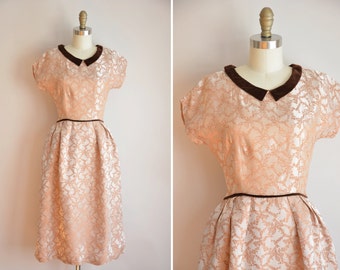 50s Grandest Gift dress / vintage 1950s novelty dress/ 50s brocade novelty party dress