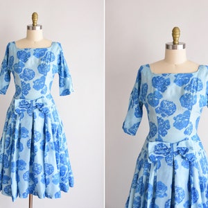 1950s Blue Belle dress/ vintage 1950s rose party dress/ blue rose cocktail dress image 1