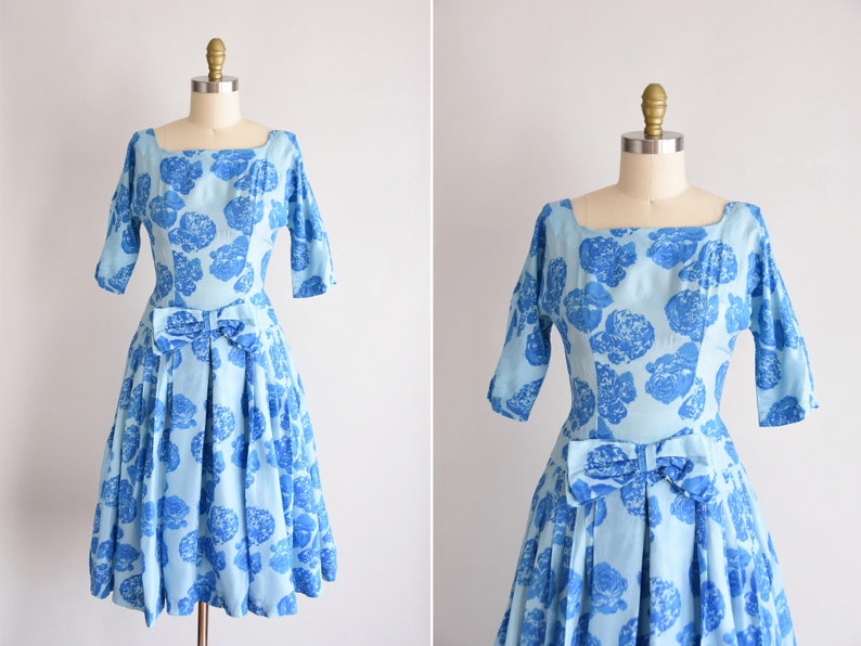 1950s Blue Belle dress/ vintage 1950s rose party dress/ blue rose cocktail dress image 1