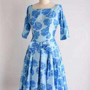 1950s Blue Belle dress/ vintage 1950s rose party dress/ blue rose cocktail dress image 3
