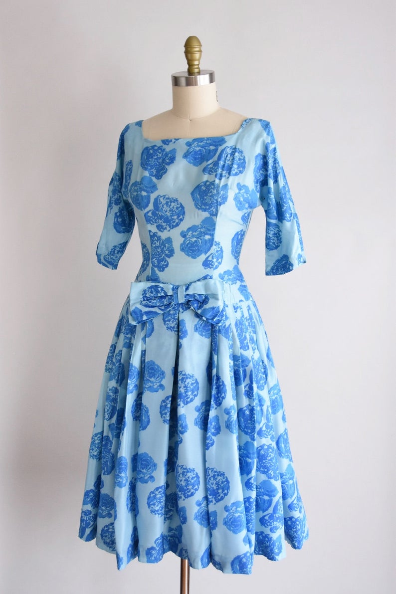 1950s Blue Belle dress/ vintage 1950s rose party dress/ blue rose cocktail dress image 3