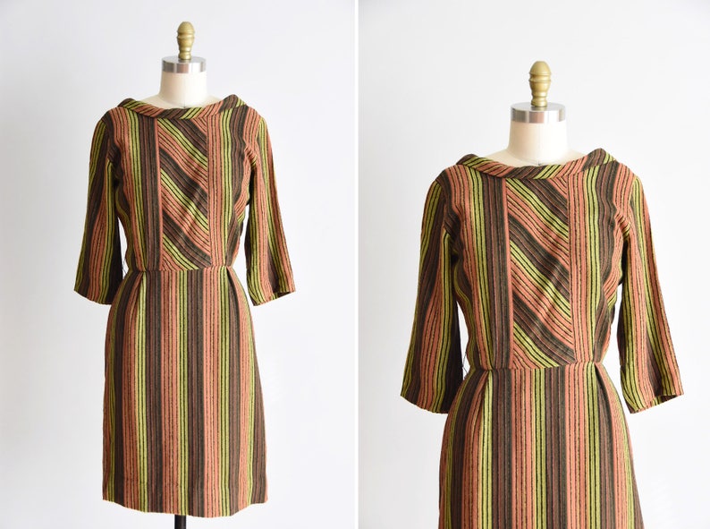 1950s Citrus Garden dress/ vintage 50s wool dress / wool stripe daydress image 1