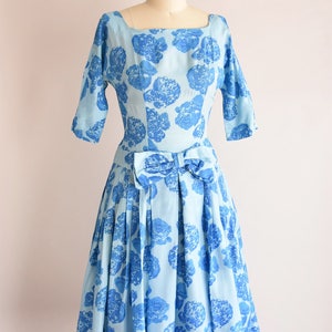 1950s Blue Belle dress/ vintage 1950s rose party dress/ blue rose cocktail dress image 4