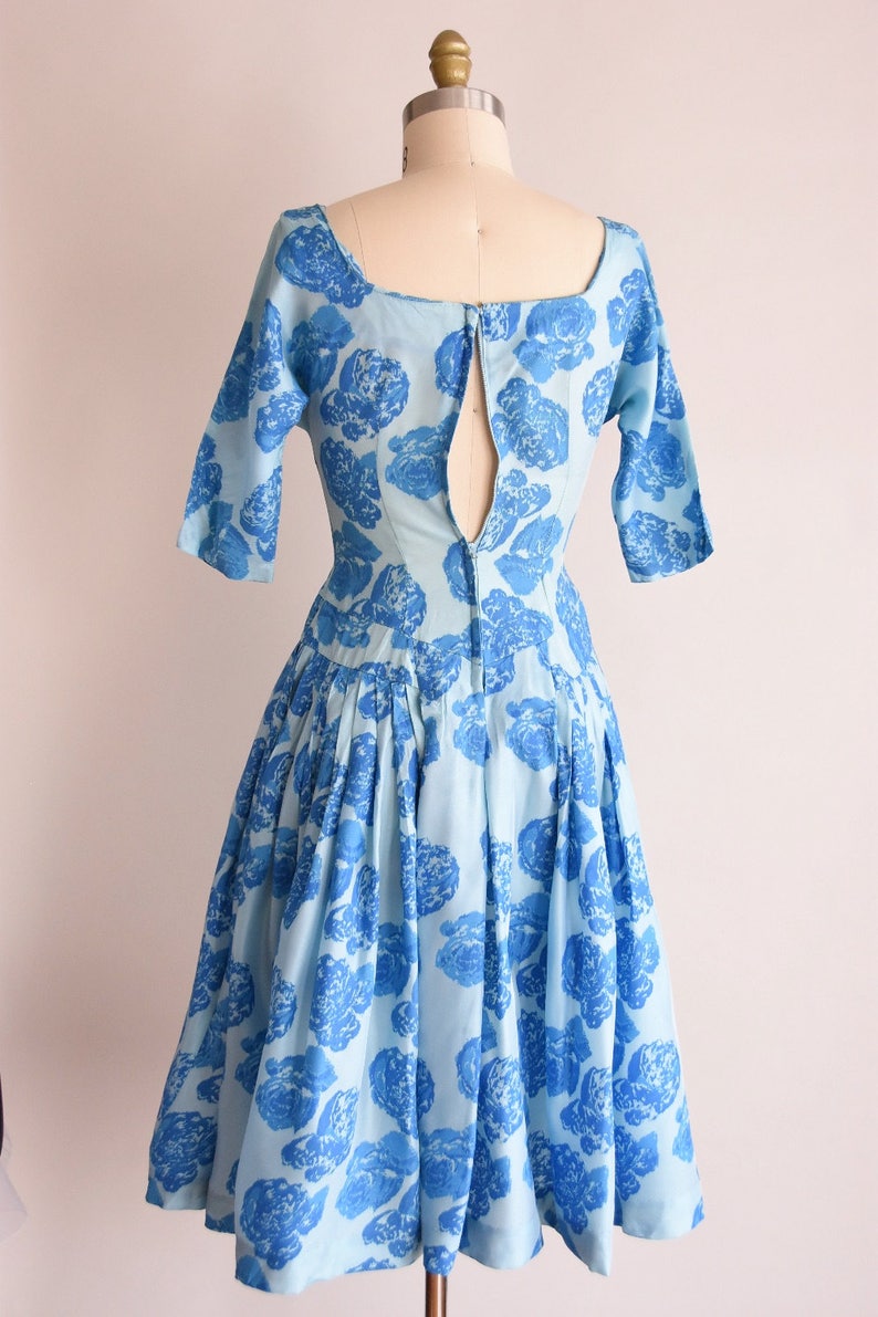 1950s Blue Belle dress/ vintage 1950s rose party dress/ blue rose cocktail dress image 5