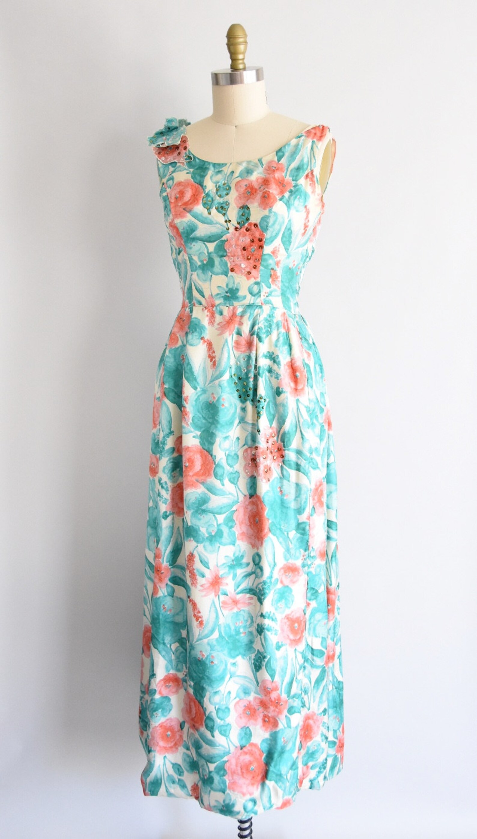 1960s The Flower Fields Dress Vintage 60s Floral Gown Silk Full 