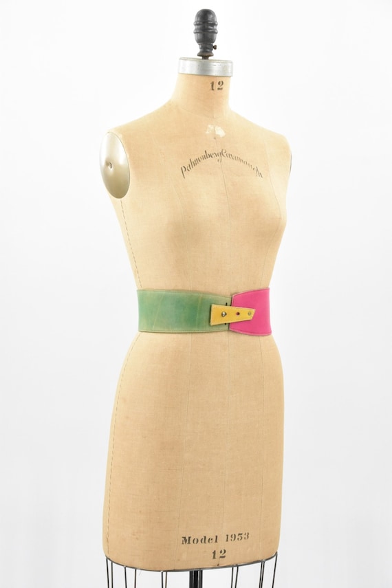 Vintage Genuine Leather Colorblock Belt Size S/M Vintage Color Block Leather Belt: 1990s Funky Retro Style  main image 4