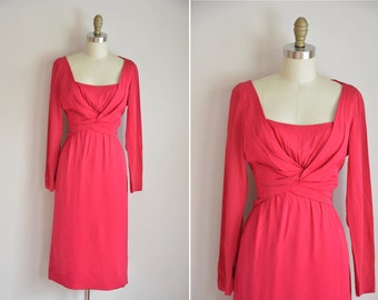 50s Courtship Letters dress /vintage 1950s rayon wiggle dress/ 50s hot pink cocktail dress