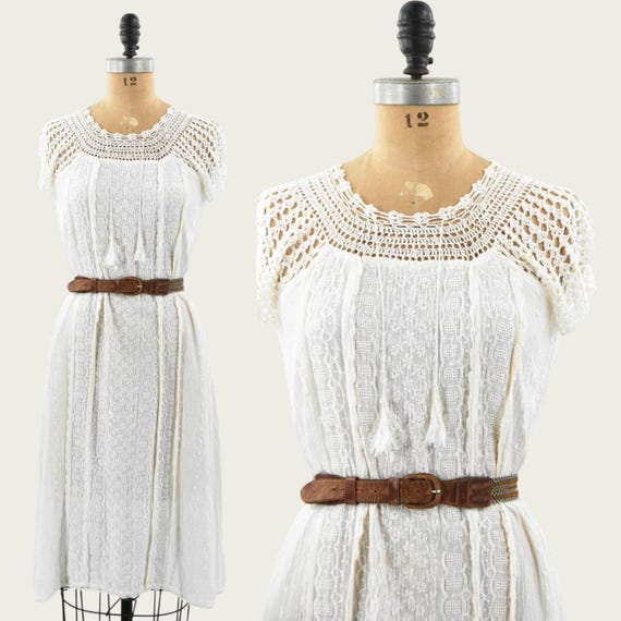 Vintage 1970s Embroidered Gauze Dress • Boho Festival Midi Indian Cotton Dress • Medium/ Large